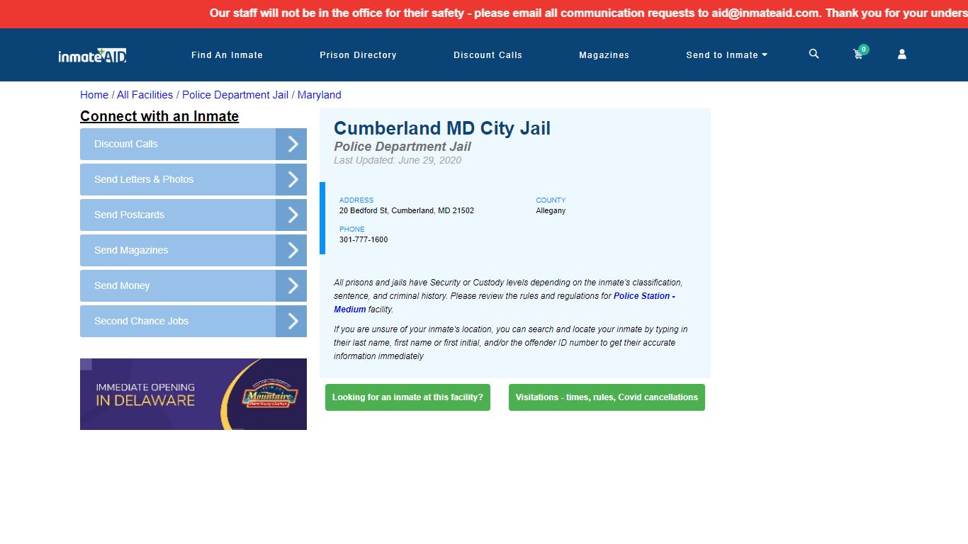 Cumberland MD City Jail & Inmate Search - Cumberland, MD