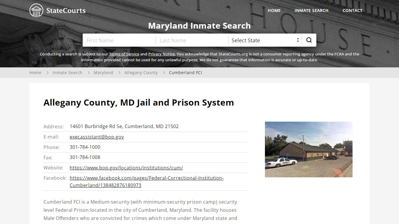 Cumberland FCI Inmate Records Search, Maryland - StateCourts